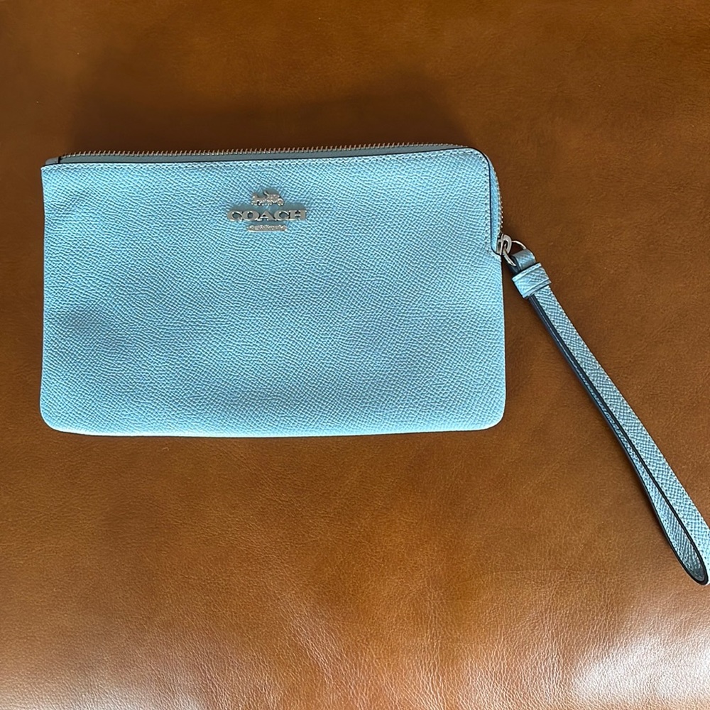 Light blue Coach Outlet Large Corner Zip wristlet